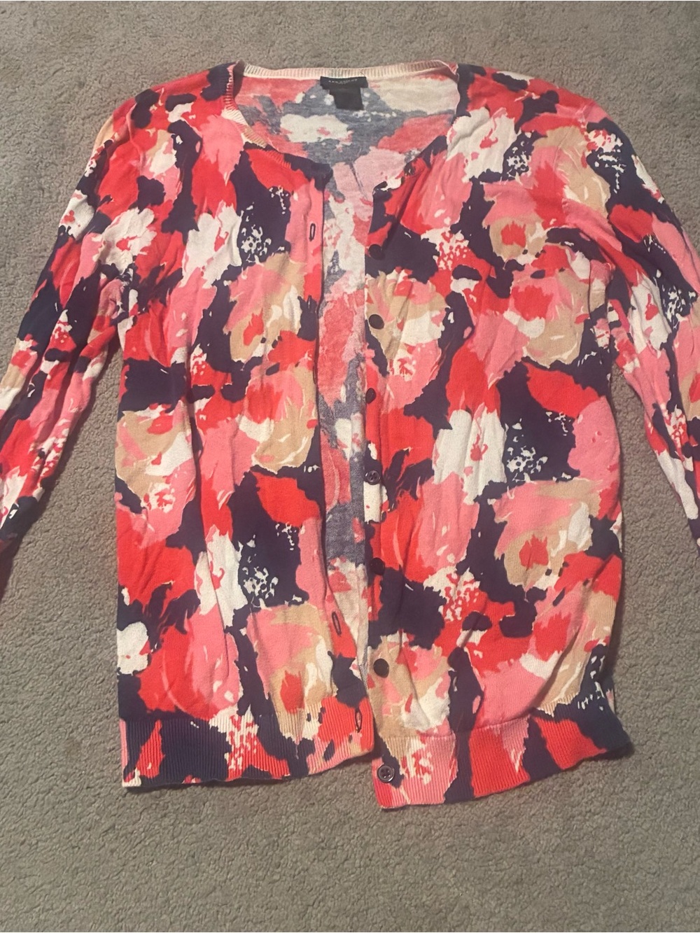 Ann Taylor L Floral Print Button-Front Cardigan - Pink Multi